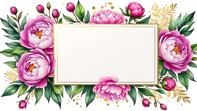 pink and gold floral Frame,copy space for text card with flowers and leaves , watercolour , wedding invite,Happy Women's, Mother's, Valentine's Day, birthday greeting card design.