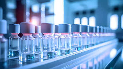 Medical vials on production line in pharmaceutical factory, pharmaceutical industry background