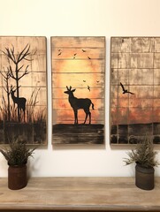 Rustic Farmhouse Animal Sketches at Sunset - Silhouette Art for Rustic Wall Decor