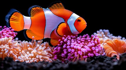 Naklejka na ściany i meble Colorful clownfish swimming among vibrant corals in saltwater aquarium environment