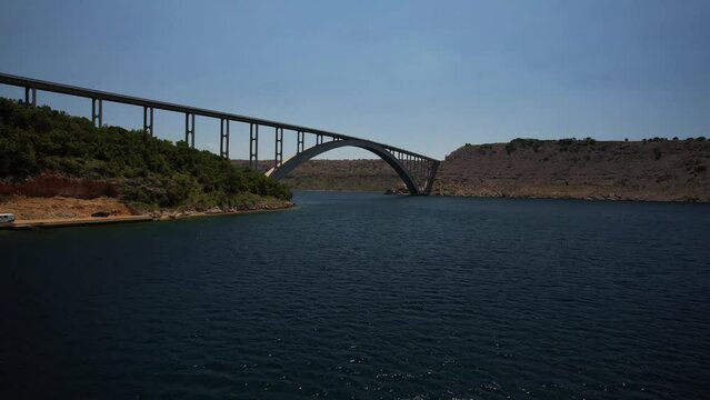 Aerial view of Krk Bridge connecting Kvarner and Krk Island, Croatia.