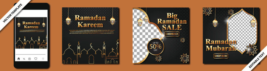 Square set of Ramadhan Sale, gold effect templates with decorative lights and a podium and transparent background for product placement. good for posters, social media posts, or advertising banners
