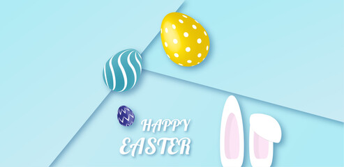 Happy Easter banner. Vector design with typography, little chicken, colorful eggs and bunny. Modern minimal style. Vector poster, greeting card or header for website 