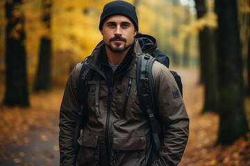 Young man with a backpack in sports clothes walks in the park in the autumn