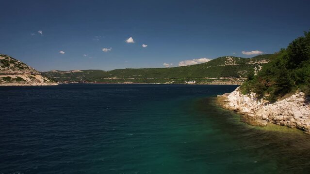 Aerial view of the panoramic coastline and Krk bridge in Kraljevica, Kvarner, Croatia.
