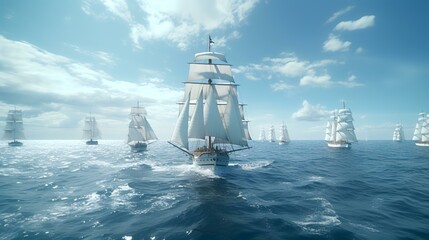 Regatta of Sailing Ships with White Sails on the Sea - obrazy, fototapety, plakaty