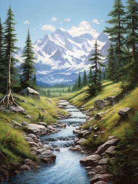 Snow-Capped Alpine Peaks: Tranquil Forest Stream Pathways Print