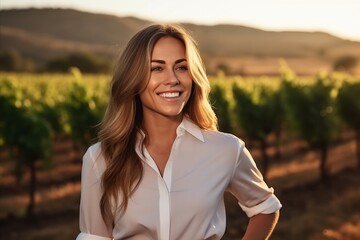Portrait of beautiful woman in vineyard at sunset, smiling.