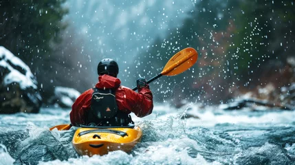 Wandaufkleber Man in kayak with paddle. Back view. Splashes of water of mountain river. Extreme kayak sport concept. Generative AI © AngrySun