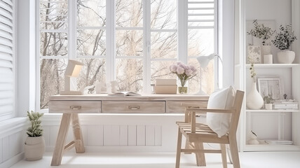 white light interior of a living room, a desk in front of a large panoramic window in design style