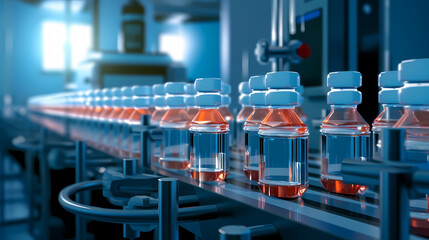 Medical vials on production line in pharmaceutical factory, pharmaceutical industry background