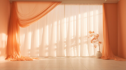 panoramic window with transparent orange curtains, background copy space - 741458121