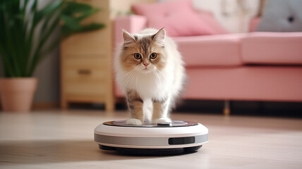 cute cat playing with a robot vacuum cleaner in the interior of the apartment - 741458312