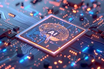 AI Brain Chip touchpad. Artificial Intelligence brain cpu human gpcr mind circuit board. Neuronal network classification smart computer processor data processing software