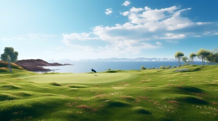 Seaside Golf Course with Rolling Hills and Blue Sky