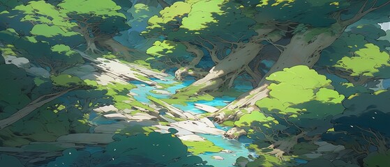 a painting of a stream running through a forest
