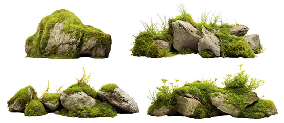 Set of moss-covered rocks in natural settings, cut out