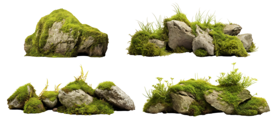 Set of moss-covered rocks in natural settings, cut out