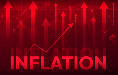 Fototapeta premium Modern Red Inflation Graph with Arrows going upword and glowing text. Increasing Inflation worldwide concept backdrop