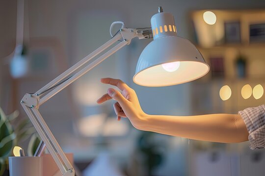 A burning table lamp and a girl's hand.  Close-up.