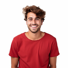 Fototapeta premium Portrait of smiling handsome man wearing red t-shirt isolated on white background