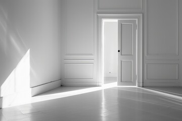 empty white room with door. A slightly open light door in a bright room.