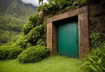 The entrance to an underground bunker in the jungle of the island of Hawaii is a shelter during a nuclear war