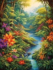 Vibrant Tropical Jungle Waterfalls: Scenic Prints and Countryside Art
