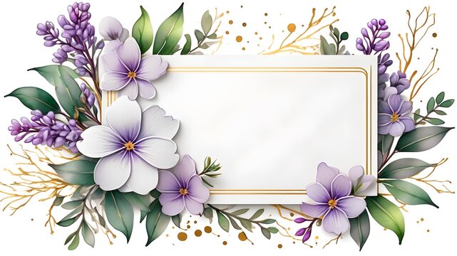 purple Flower Frame Watercolor Vector set. Flora Wreath Watercolor. Flower with gold frame. Rose and anemone flower. Wedding flower frame.
