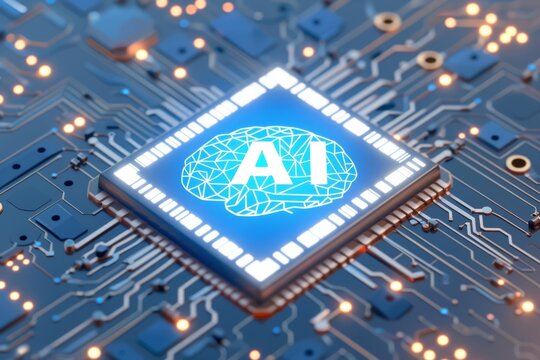 AI Brain Chip innovative. Artificial Intelligence unsupervised learning mind icon attribution axon. Semiconductor quantum chip circuit board massively parallel processing