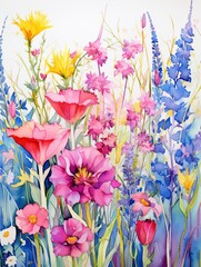 Vibrant Watercolor Floral Beach Art - Wildflower Seascape Print