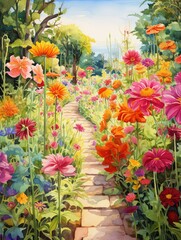 Pathway Blooms: Vibrant Watercolor Floral Garden Scene Art