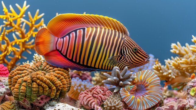 Dottyback fish among vibrant corals in a saltwater aquarium, creating a colorful underwater scene.