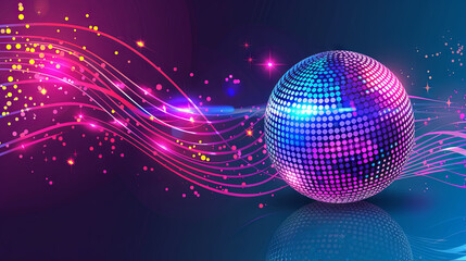 Disco ball with bright lilac rays, night evening
