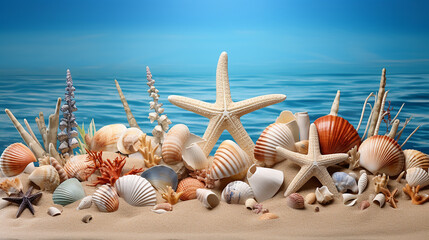 Assorted Seashells and Starfish Arranged on Sand