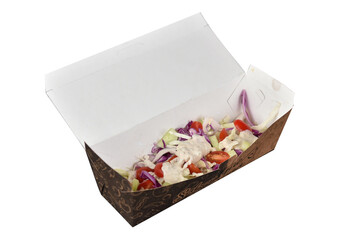 salad for delivery cabbage tomato onion and cucumber written in Portuguese on the packaging in the flavor you love.