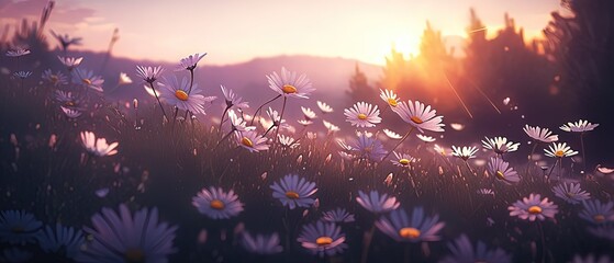 a many white flowers in the field at sunset