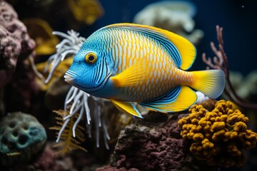 Fototapeta na wymiar Beautiful yellow blue sea fish live in an aquarium among various algae and corals.