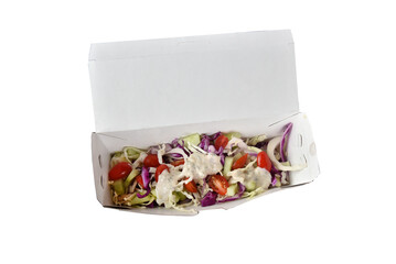 salad for delivery cabbage tomato onion and cucumber written in Portuguese on the packaging in the flavor you love.