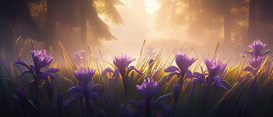 purple flowers in a field with the sun shining through the trees - obrazy, fototapety, plakaty
