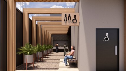 Inclusive green toilet exterior 3D render. Modern public restroom building in recreation area