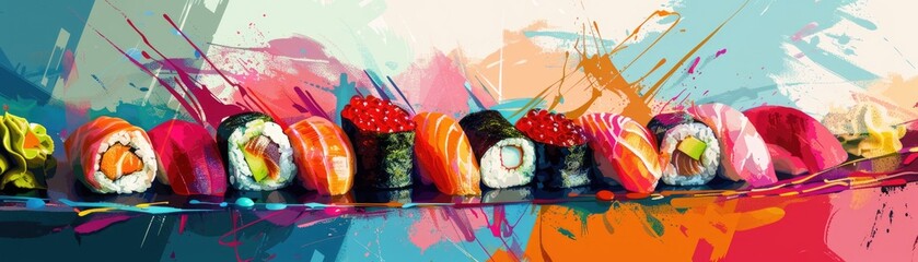Abstract sushi set avant garde radiant colors against contemporary backdrop