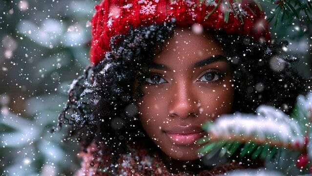 Black female wearing a Christmas red hat. Falling snowflakes.