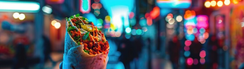Burrito in neon urban setting candid edgy street vibe innovative night scene
