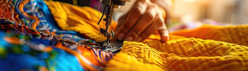 Close up of tailors skilled hands sewing machine in action detailed view of fabric creation - obrazy, fototapety, plakaty