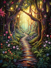 Enchanted Journey: Whimsical Fairytale Illustration Prints & Pathway Paintings in Forest Art