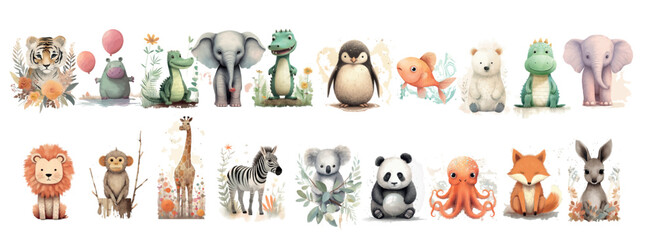 Adorable Collection of Watercolor Animals: From Jungle Lions to Oceanic Octopuses, Perfect for Nursery Decorations, Children’s Books
