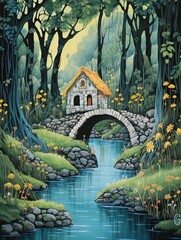 Obraz premium Whimsical Fairytale Illustration Prints: Enchanting Riverside Painting and Troll Bridges Forest Wall Art