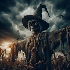 Scarecrow in the field. very scary and creepy, photorealistically rendered scarecrow with a human skull and a witch's hat. Dark atmosphere. Scarecrow from nightmares
