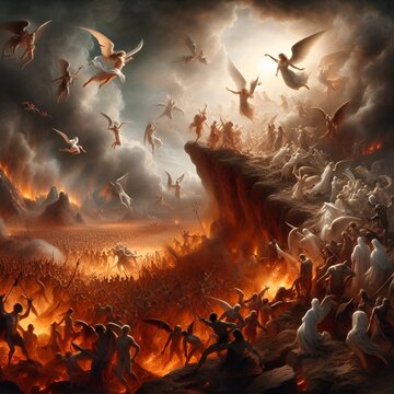 An epic scene of the battle between good and evil. An army of angels in a merciless fight against an army of demons in a surreal hellish environment with lots of fire, smoke and fantastic details
